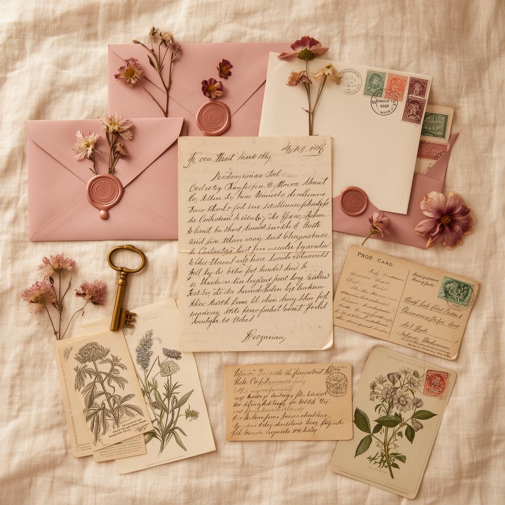 Handwritten letters, wax-sealed envelopes, pressed flowers, and vintage postcards arranged on cream linen