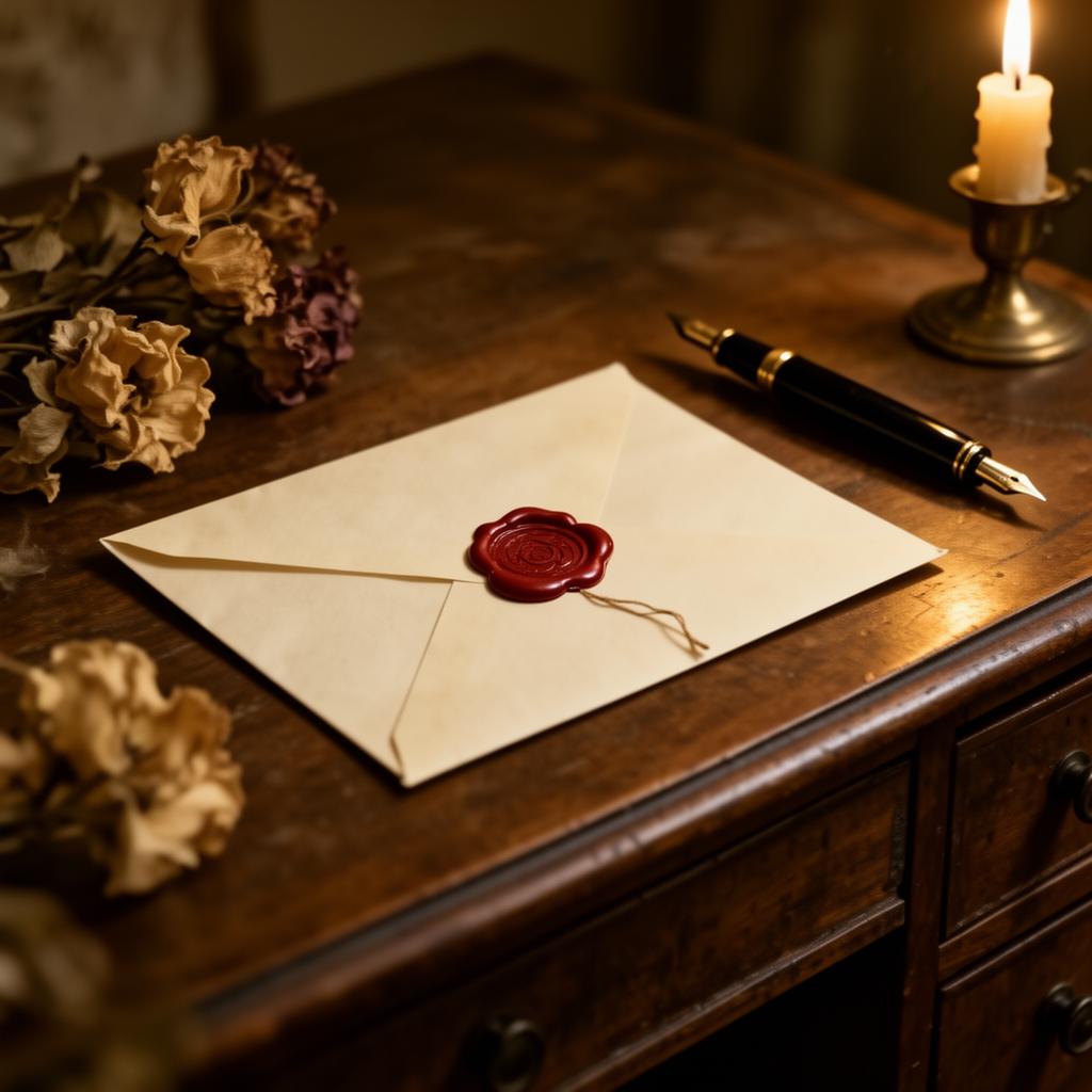 A wax-sealed letter on a vintage desk with dried flowers and candlelight